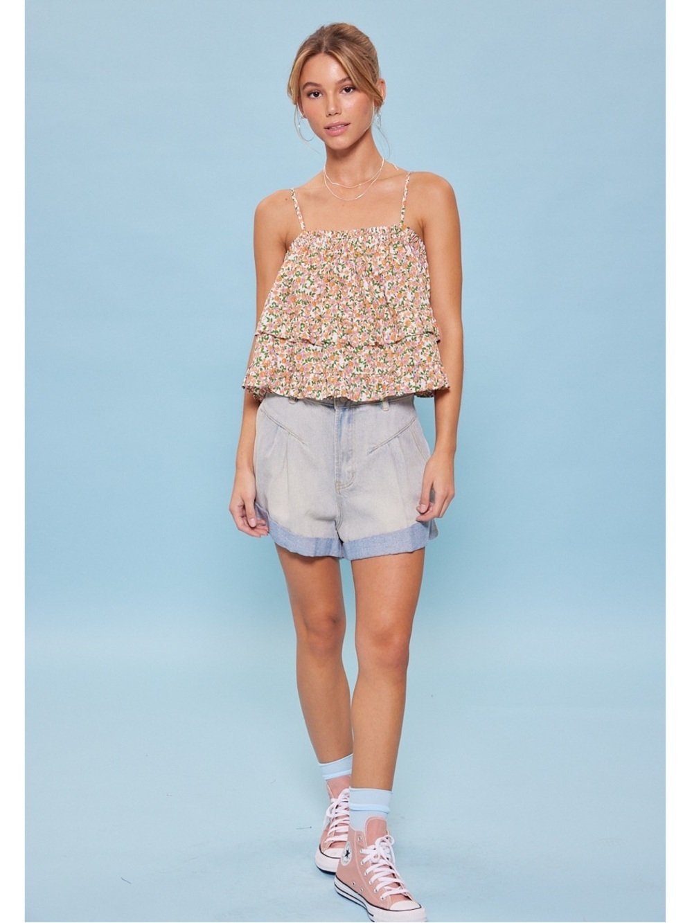 NWT Orange & Lilac Floral Tiered Spaghetti Strap Top